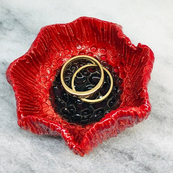 Poppy Flower Ring Dish, Handmade Pottery Sussex, UK, Ceramic Flowers Ornament, Floral Decoration, Home Decor, Romantic Ornament.