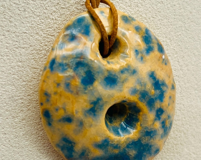 Pretty Pottery Pendant, Handmade with  a pale blue and soft pink mottled glaze, Seashore Jewellery, Leather Necklace Sea Inspired Pendant.