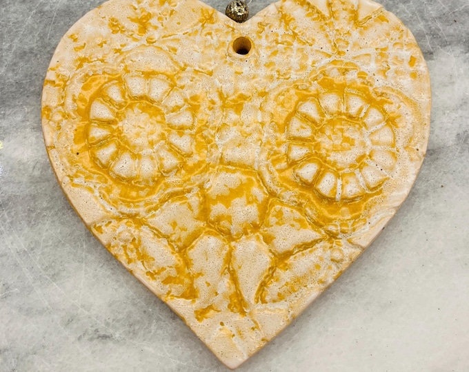 Handmade Yellow Pottery Heart Ornament: Sussex UK Clay Decoration