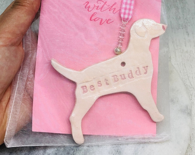 Best Buddy Dog Pottery Ornament, Woof, Love Dogs, Handmade Dog Ornaments, Fur Baby, Sussex Ceramics UK, Kiln Fired Clay, Home Decor.