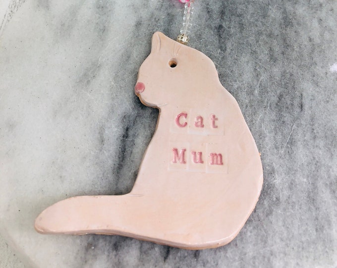 Cat Mum, Love Cats, Cat Quotes, Ceramic White Cat, Kitty, Handmade Pottery Cat Gift, Home Decoration, Kiln Fired Clay, Sussex Ceramics UK.