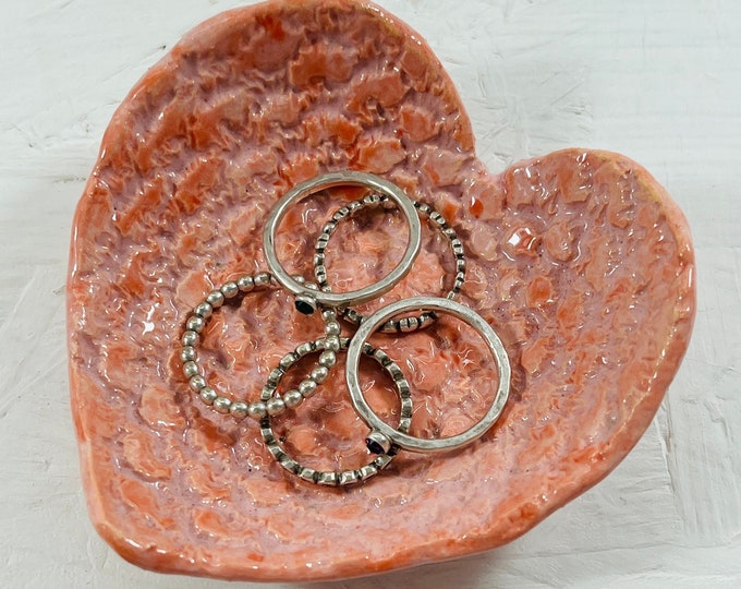 Heart Ring Dish, Handmade Pottery Jewellery Bowl, Ceramic Love Hearts, Clay Jewellery Organiser, Home Decor, Home Interiors, Colourful Home.
