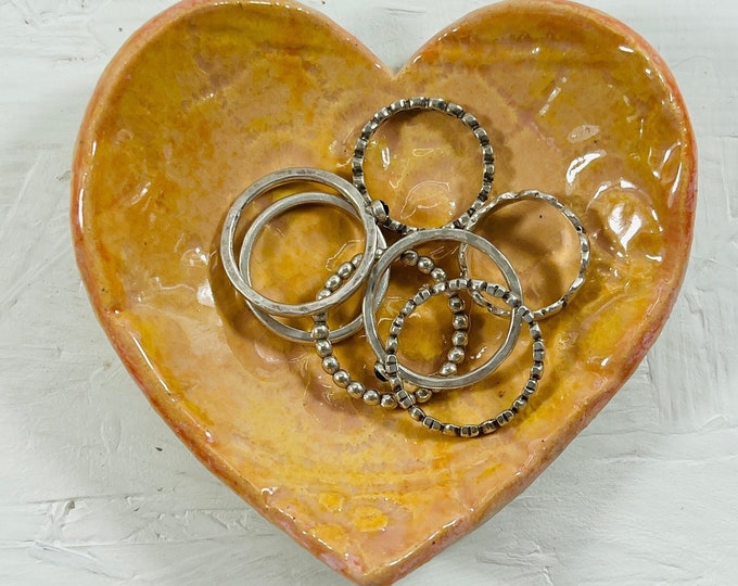 Heart Ring Dish, Handmade Pottery Jewellery Bowl, Ceramic Love Hearts, Clay Jewellery Organiser, Home Decor, Home Interiors, Colourful Home.