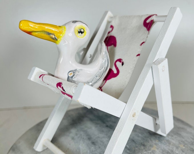 Colourful Seagull Bird Ornament With Their Own Flamingo Deckchair,  Happy Birds, Home Decoration, Love Pottery Decor, Fun Gift Ornament.