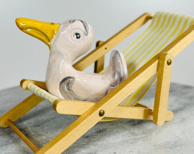 Seagull Pottery Ornament on their Yellow Deckchair, Quirky Fun Bird, Funny Birds on Miniature Deckchairs, Kiln Fired Clay Sussex Ceramics UK