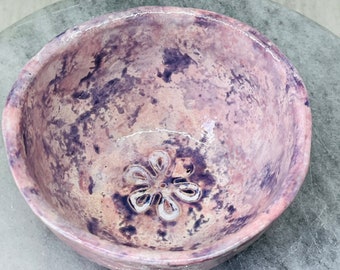 Pink and Purple Ceramic Ring Dish With A Flower Imprint, Handmade Pottery, Clay Jewellery Bowl, Home Decor, Dappled Glazes, Home Interiors.