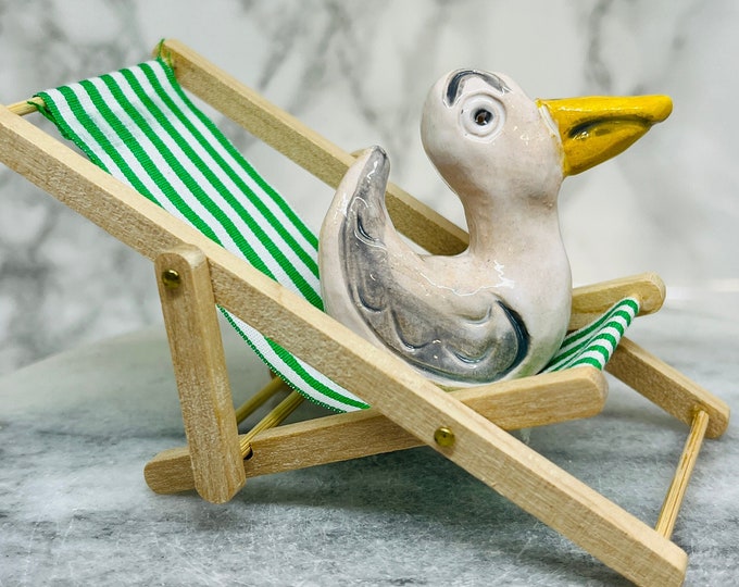 Seagull Pottery Ornament on his Green Deckchair, Mini Quirky Fun Bird, Funny Birds on Miniature Deckchairs, Kiln Fired Clay, Ceramics UK.