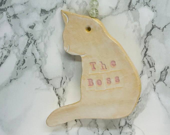 The Boss, Fun White Cat, Love Cats, Funny Cat Gifts, White Cat, Handmade Pottery, Sussex Ceramics UK, Kiln Fired Clay.