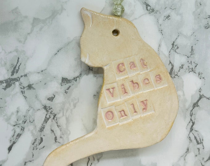 Cat Vibes Only, Fun White Cat, Love Cats, Funny Cat Gifts, White Cat, Handmade Pottery, Sussex Ceramics UK, Kiln Fired Clay.