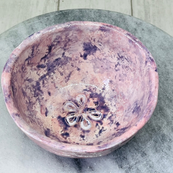 Pink and Purple Ceramic Ring Dish With A Flower Imprint, Handmade Pottery, Clay Jewellery Bowl, Home Decor, Dappled Glazes, Home Interiors.