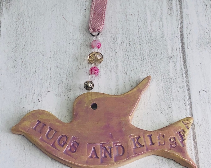 Hugs & Kisses Ceramic Bird Ornament, Handmade Pottery Ornaments, Home Decoration, Home Interiors, Love Quotes, Sayings. Kiln Fired Clay, UK.