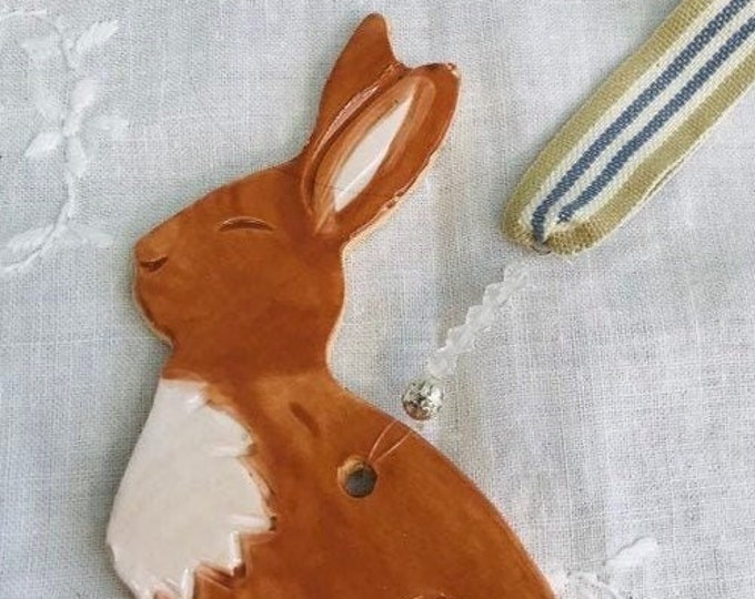 Bunny Rabbit Pottery Ornament, Handmade Ceramic Bunny Ornaments, Kiln Fired Clay, Sussex Ceramics UK, Easter Bunny, Home Decoration.