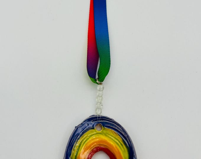 Rainbow Ornament With a Bright Rainbow Ribbon and Beads, Hanging Ceramic Decoration, Rainbows, Handmade Pottery, Sussex Ceramics UK.