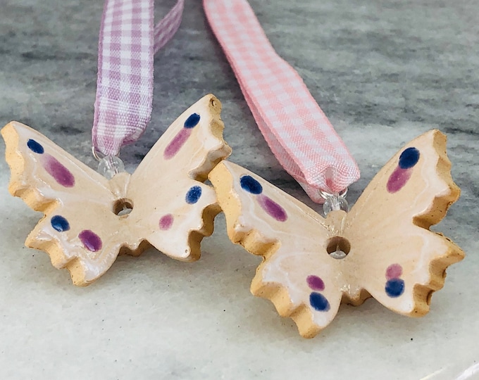 Butterfly Pottery Ornament,  Butterflies Ceramic Hanging Decoration, Handmade Clay Gift fired in my kiln, Sussex Ceramics UK.