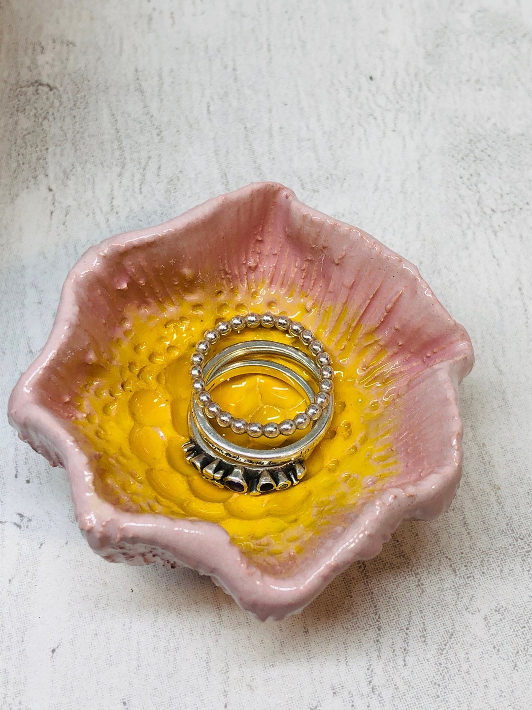 Pink Flower Jewellery Bowl, Handmade Pottery Floral Ring Dish, Ceramic