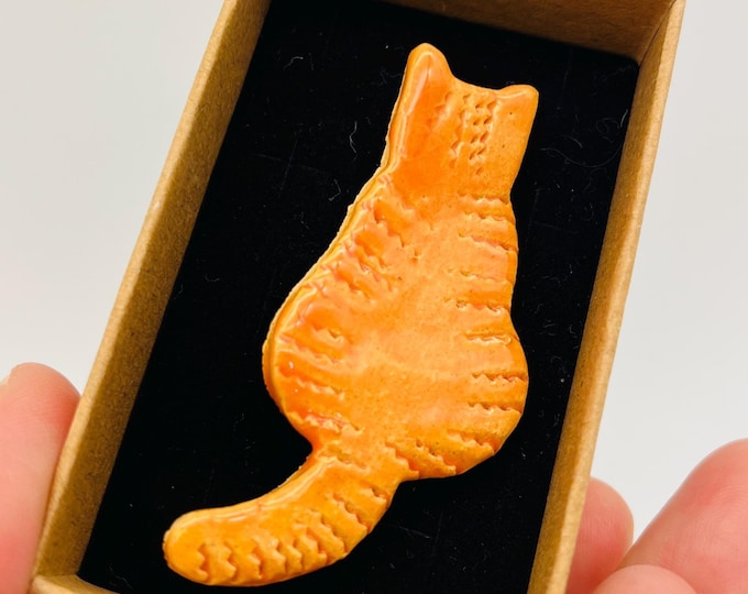 Handmade Ginger Cat Ceramic Brooch: Kiln Fired Clay Kitty