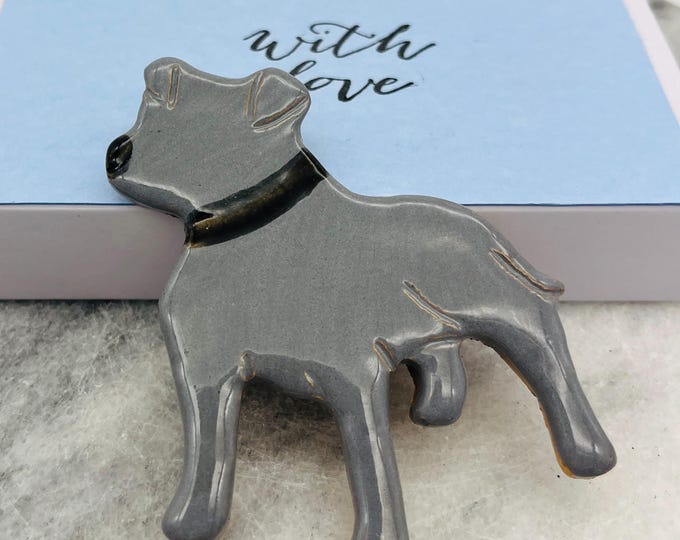 Grey Staffie Dog Ceramic Brooch, Staffordshire Bull Terrier, Handmade Pottery Dog, Love Dogs, Kiln Fired Clay Pet, Sussex Ceramics UK.