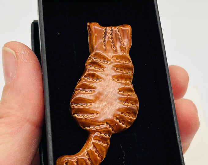 Handmade Tabby Cat Ceramic Brooch: Kiln Fired Clay, Sussex Ceramics