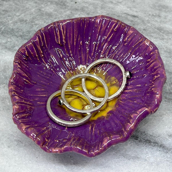 Purple Flower Ring Dish, Handmade Pottery Sussex, UK, Ceramic Flowers Ornament, Floral Decoration, Home Decor, Romantic Ornament.