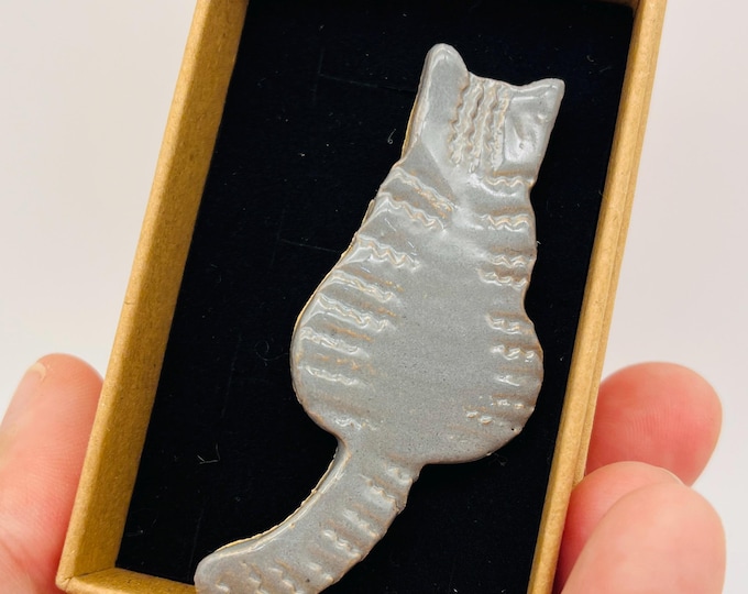 Handmade Grey Cat Ceramic Brooch: Kiln Fired Pottery, Sussex Ceramics