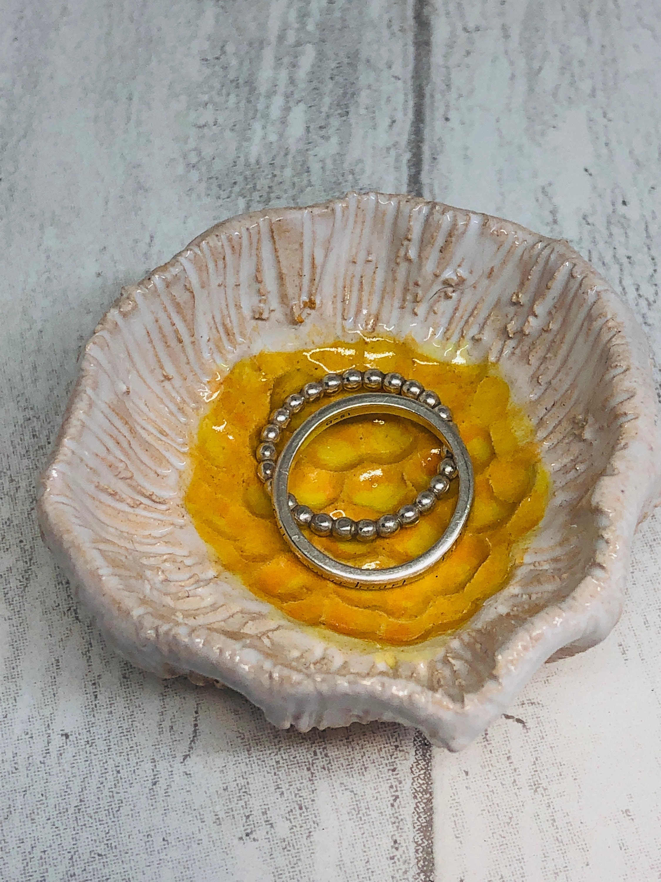 White & Yellow Flower Ring Dish, Handmade Pottery Jewellery Flower Bowl