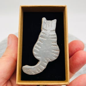 Grey Cat Ceramic Brooch, Handmade Pottery Jewelry