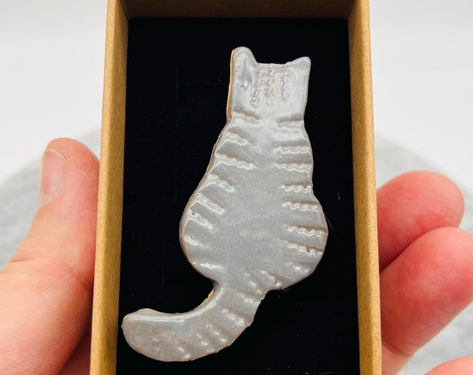 Grey Cat Ceramic Brooch, Handmade Pottery Jewelry