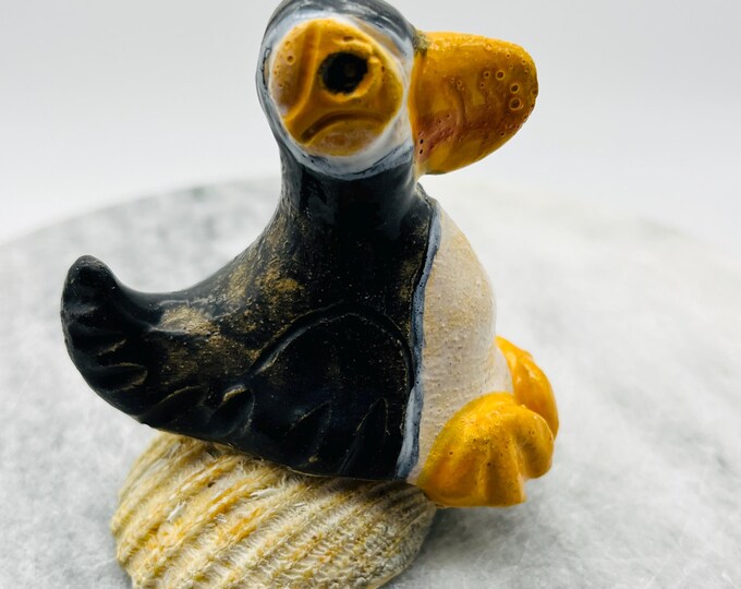 Puffin Bird sitting on their seaside shell, Whimsical Puffins Ceramic Ornament, Handmade Figurine, Pottery Home Decor, Fun Birds, Ceramics.