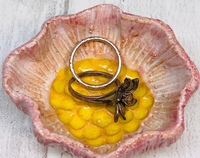 Handmade Ceramic Flower Ring Dish: Pink Pottery Jewelry Bowl