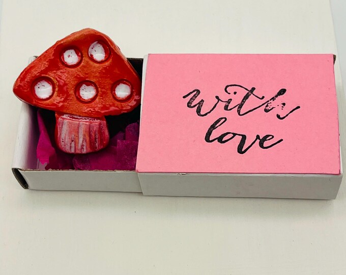 Handmade Ceramic Toadstool Brooch, Pottery Toadstool In His Own Little Box, Made From Clay In My Sussex Pottery And Fired In My Kiln.