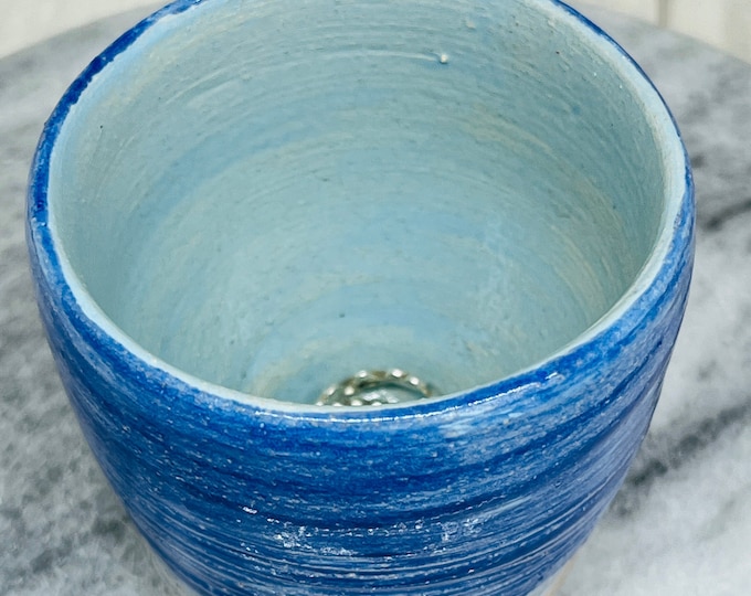 Blue Wheel Thrown Pottery Pot, Handmade Ceramics UK, Ceramic Ring Bowl, Kiln Fired Clay Ornament, Home Decor Jewellery Dish, Home Interiors.