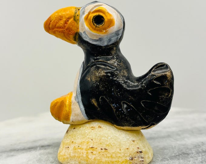 Handmade Ceramic Puffin Figurine: Beach Shell Ornament
