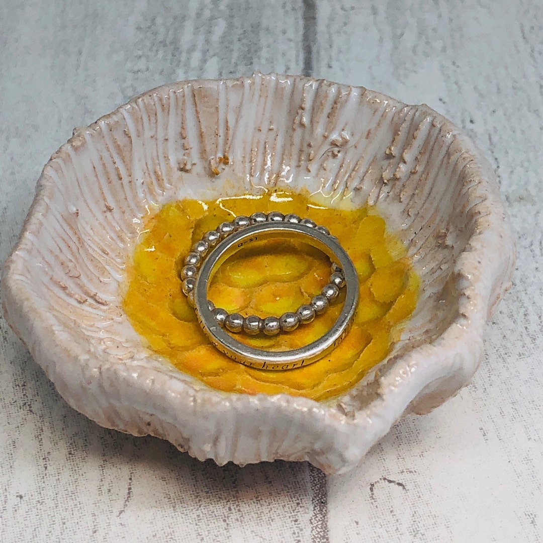 White & Yellow Flower Ring Dish, Handmade Pottery Jewellery Flower Bowl