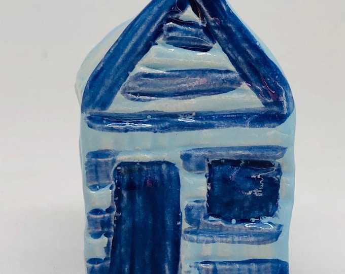 Beach Hut Pottery Ornament, Mini Blue Seaside Hut, Beach, Sea, Seaside, Miniature, Beach Huts, Sussex Ceramics UK, Kiln Fired Clay.