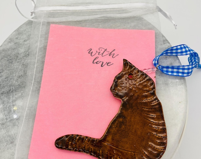 Handmade Pottery Tabby Cat Ornament: Sussex Ceramic Figurine