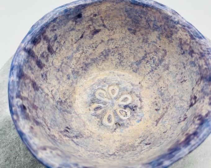 Blue, Lilac, White Ceramic Ring Dish With Flower Imprint, Handmade Pottery, Clay Jewellery Bowl, Home Decor, Dappled Glazes, Home Interiors.
