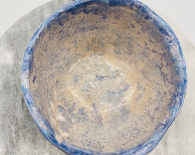 Pale Blue and White Ceramic Ring Dish With Flower Imprint, Handmade Pottery, Clay Jewellery Bowl, Home Decor, Dappled Glazes, Home Interiors