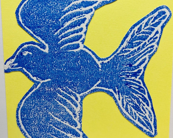 Flying Bird Hand Printed Card, Handmade Greetings Card, Love Birds, Blue Bird Birthday Card,  Yellow & Blue, Anniversary, Fathers Day Gifts.