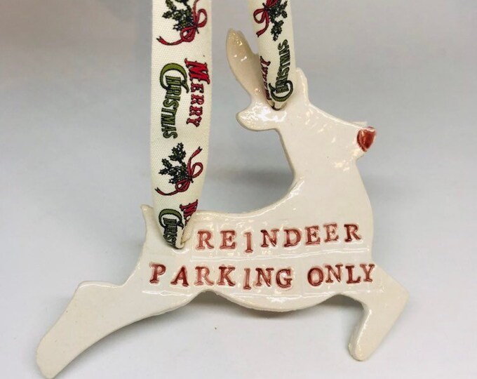 Reindeer Christmas Decoration, Handmade Ceramic Reindeer Parking only, Xmas Gift, Stocking Filler, Pottery Animal Hanging Decor, Home.