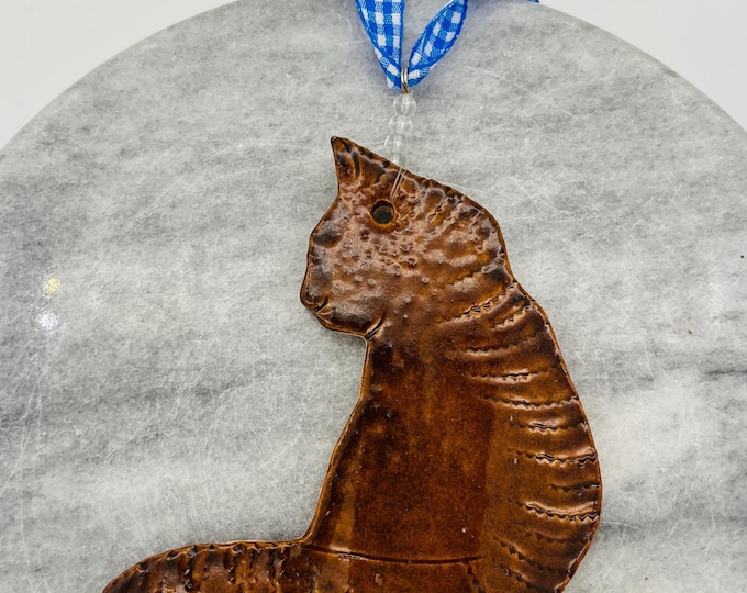 Handmade Pottery Tabby Cat Ornament: Sussex Ceramic Figurine