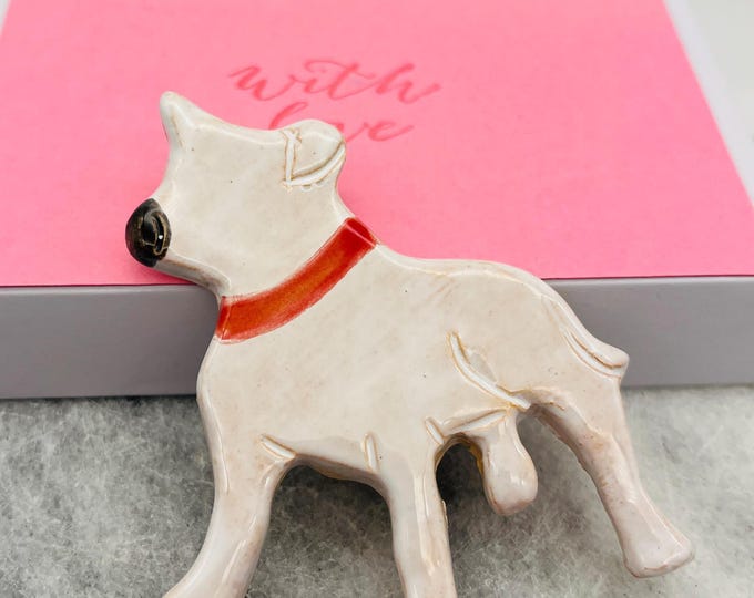 White Staffie Dog Ceramic Brooch, Staffordshire Bull Terrier, Handmade Pottery Dog, Love Dogs, Kiln Fired Clay Pet, Sussex Ceramics UK.