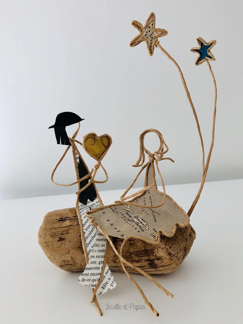 The Famous Lovers Figures In String And Paper Deco Retro Romantic Wedding Gift Married Sculpture Wire Wire Armed Driftwood