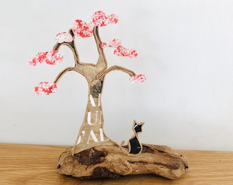O-Hanami sculpture inspired by Japan cherry blossom cat figurines in string and decorative paper original gift kraft wire reinforced driftwood