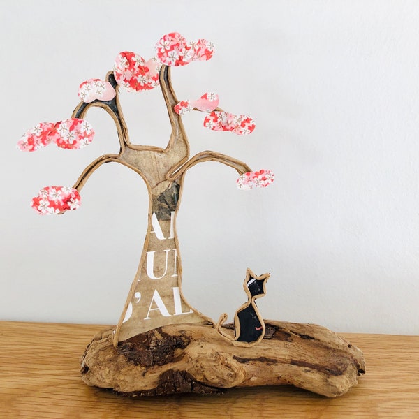 O-Hanami sculpture inspiration Japon cerisier fleur chat figurines en ficelle et papier déco cadeau original fil kraft armé bois flotté