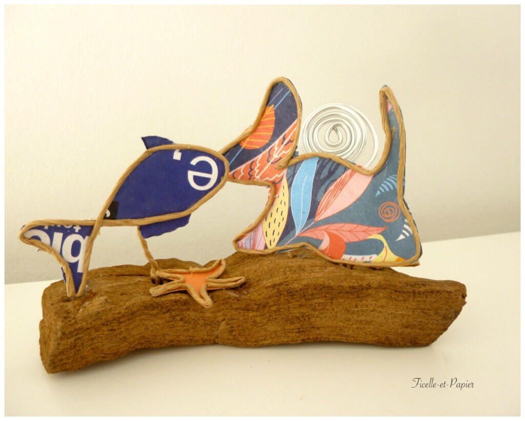 Porte-Photo Original Socle en Bois Figurines Papier et Ficelle Idée Déco Maison Thème Marin Poisson 