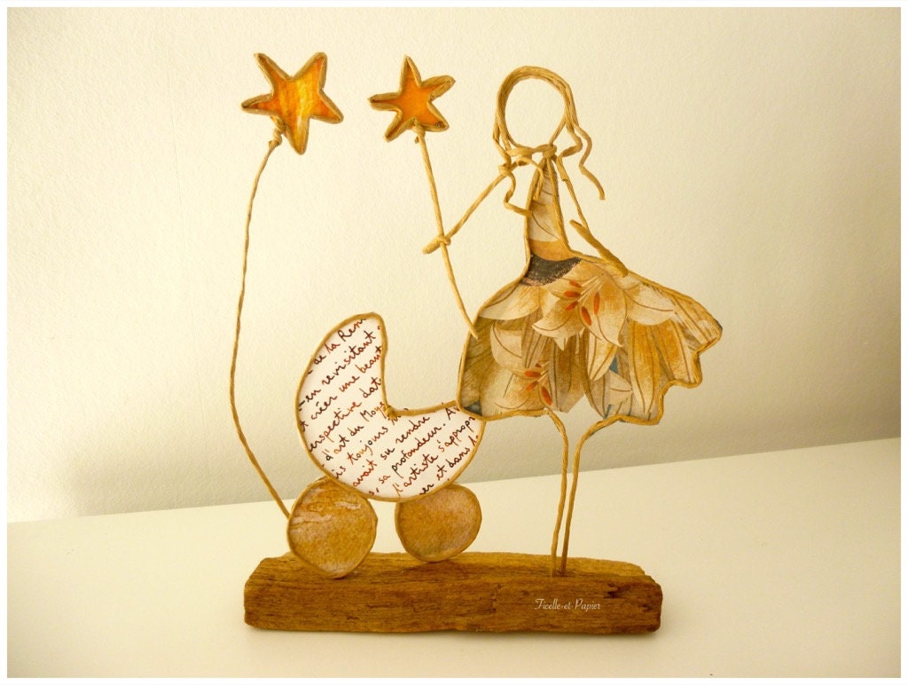 Cadeau Naissance Figurine en Ficelle et Papier Heureux Évènement Bébé Amour Bonne Étoile Jaune Fée B