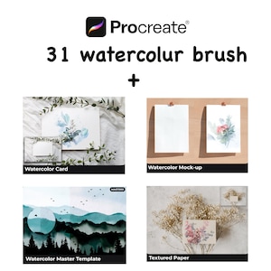 Pode incluir: Um conjunto de quatro maquetes de pincel de aquarela digital para Procreate. As maquetes apresentam um cartão de aquarela, uma maquete de aquarela, um modelo mestre de aquarela e papel texturizado.