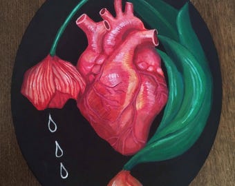 Fulfillment | Original Anatomical Heart Painting | Whimsigoth decor Gothic Dark Art with Tulip