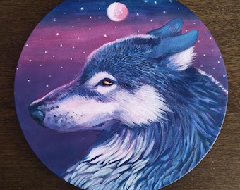 Strawberry moon | Original Wolf Painting, Celestial Fantasy Art, Starry Night Sky, Acrylic Animal Artwork