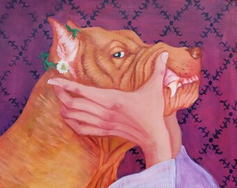 Good Girl | Original Pitbull Painting with Chamomile Flower | Expressive Dog Art